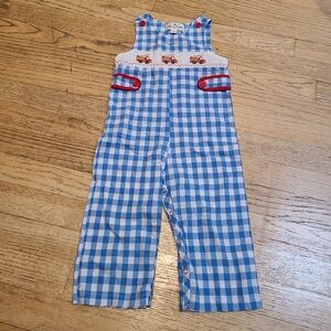 Marie Nicole 18-24 mo gingham sleeveless smocked overalls fire engine